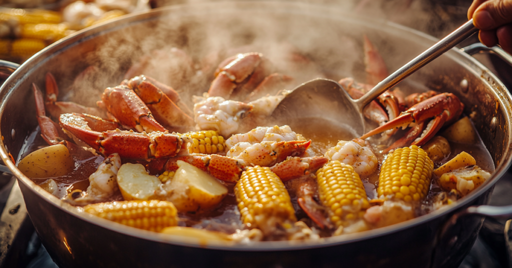 A spicy Cajun Boiling Crab-style seafood platter with crab legs, shrimp, crawfish, and corn, coated in garlic butter sauce.