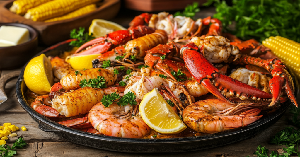 A steaming pot filled with crab legs, shrimp, corn, and potatoes in a flavorful Cajun-spiced broth.