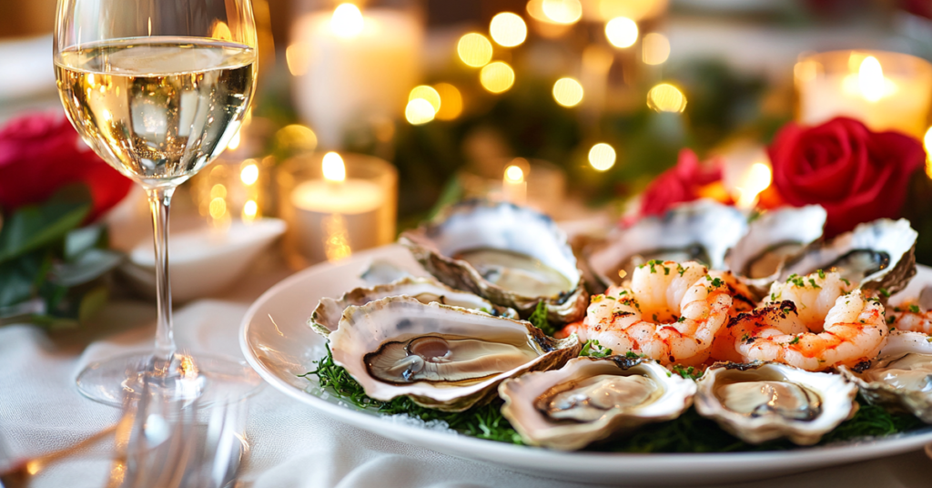 A luxurious seafood dinner with oysters, grilled shrimp, and white wine, set on a romantic candlelit table.