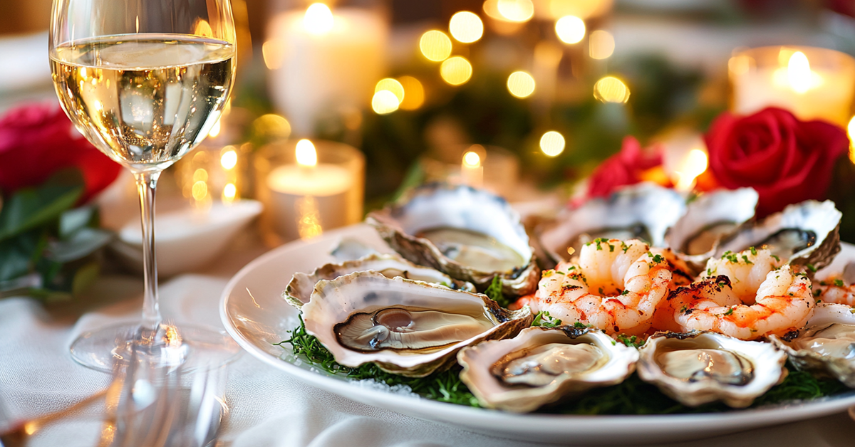 A luxurious seafood dinner with oysters, grilled shrimp, and white wine, set on a romantic candlelit table.