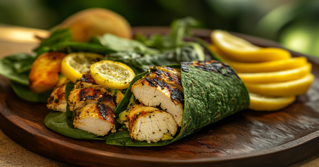 A healthy grilled chicken wrap with avocado, spinach, and lemon dressing, served on a rustic wooden plate.