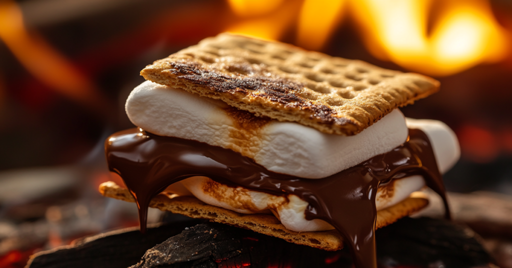 A classic no-bake s’more with gooey marshmallow and melted chocolate between crisp graham crackers, set by a campfire.