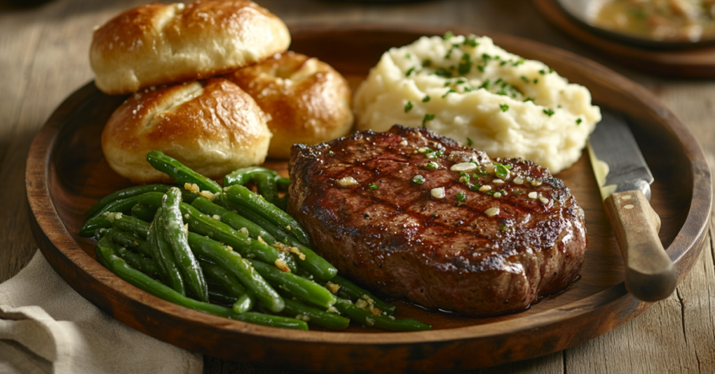 A hearty ribeye steak dinner with mashed potatoes, garlic green beans, and fresh dinner rolls on a rustic wooden plate.