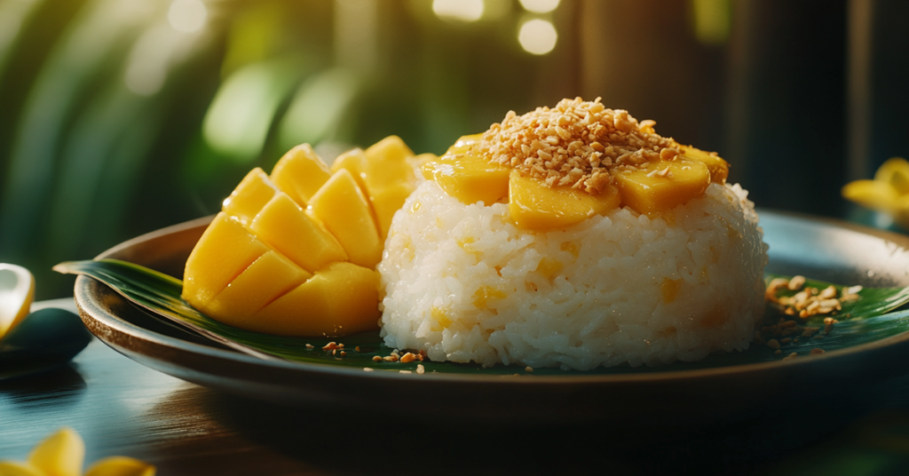 A plate of Thai mango sticky rice with sweet coconut drizzle, served on a traditional ceramic plate with a banana leaf.