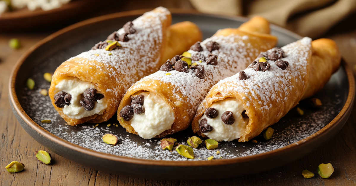Classic Italian cannoli filled with sweet ricotta cream, chocolate chips, and pistachios, dusted with powdered sugar.