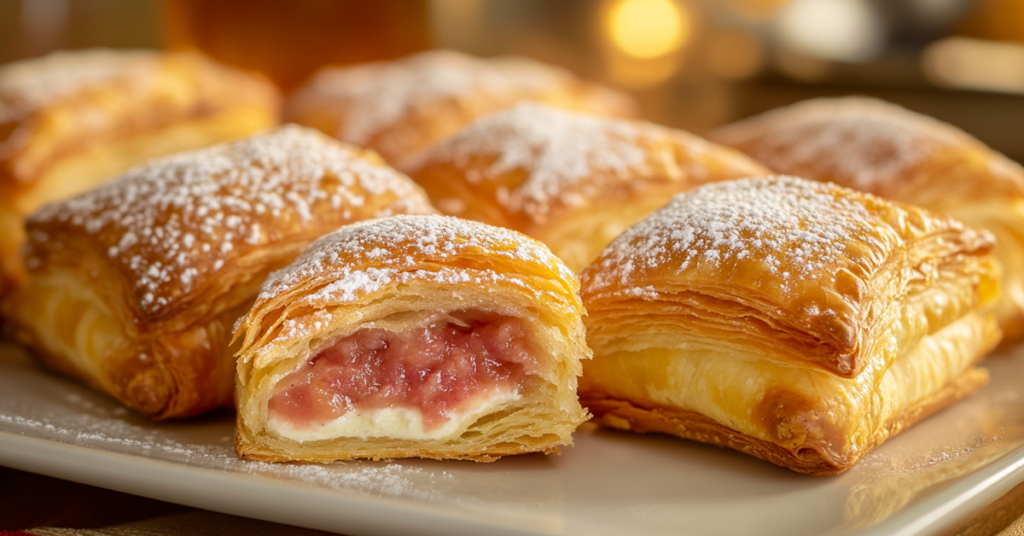 A plate of freshly baked pastelitos de guayaba with golden, flaky pastry and a gooey guava filling.