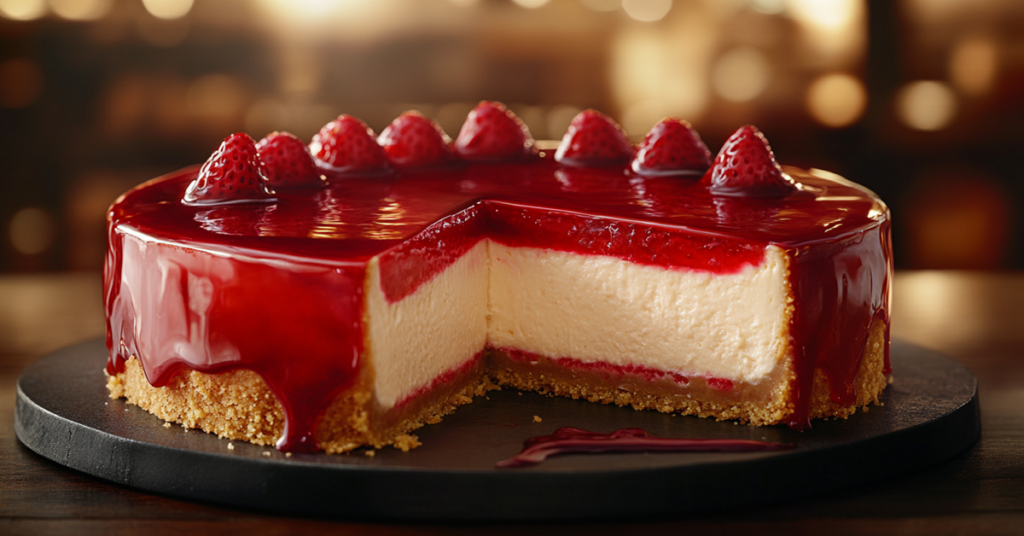 A classic New York-style cheesecake with a graham cracker crust and strawberry glaze, served on a white plate.