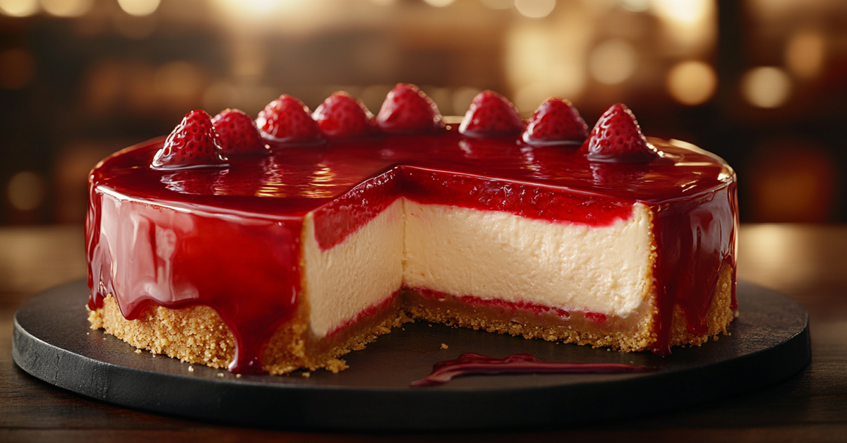 A classic New York-style cheesecake with a graham cracker crust and strawberry glaze, served on a white plate.