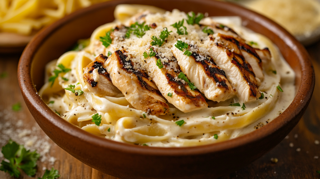 A restaurant-style plated garlic parmesan chicken pasta with sliced grilled chicken, microgreens, and shaved parmesan on a white dish.