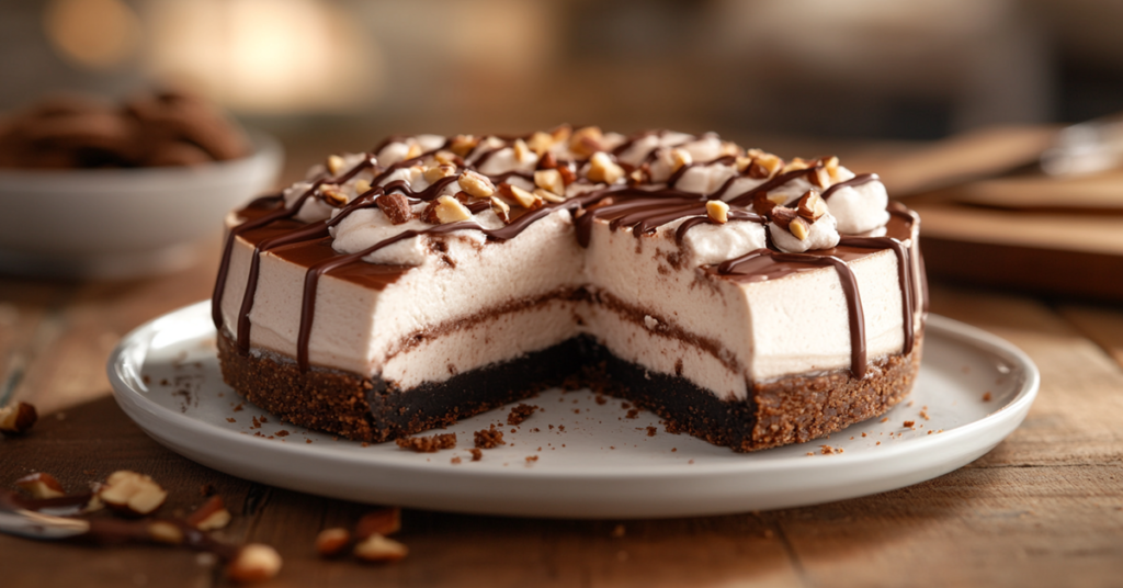 A no-bake Nutella cheesecake with an Oreo crust, topped with chocolate drizzle and chopped hazelnuts.