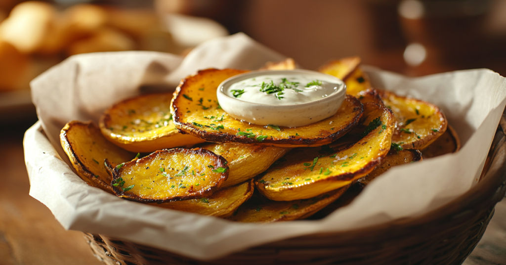A basket of crispy Southern fried squash slices, served with creamy buttermilk dipping sauce and garnished with fresh herbs.