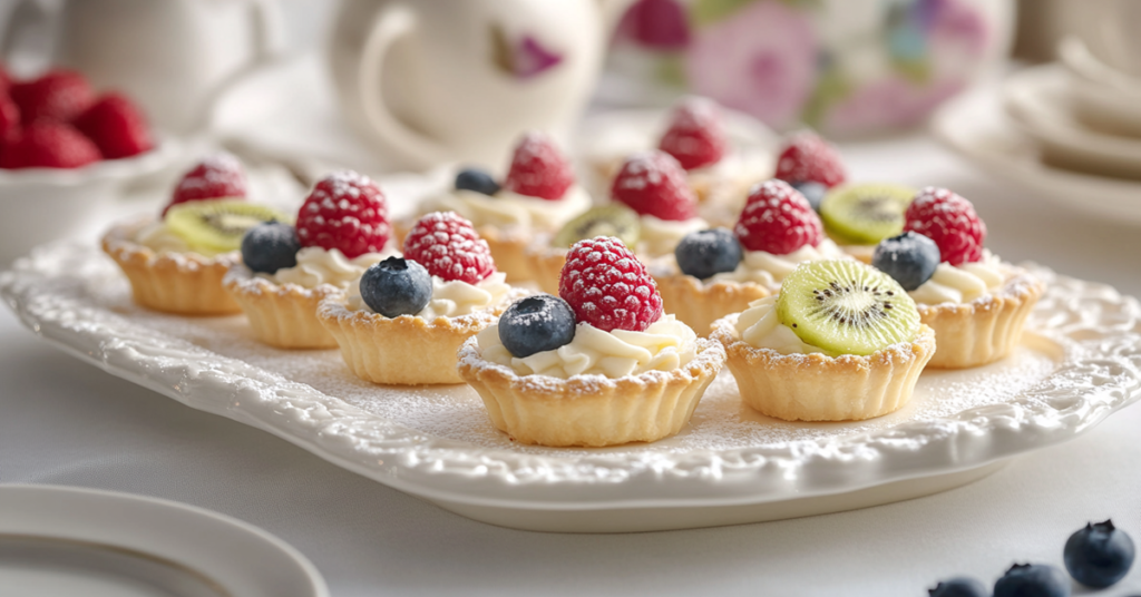 Mini fruit tarts with golden pastry shells, filled with vanilla cream and topped with fresh berries, served on a white platter.