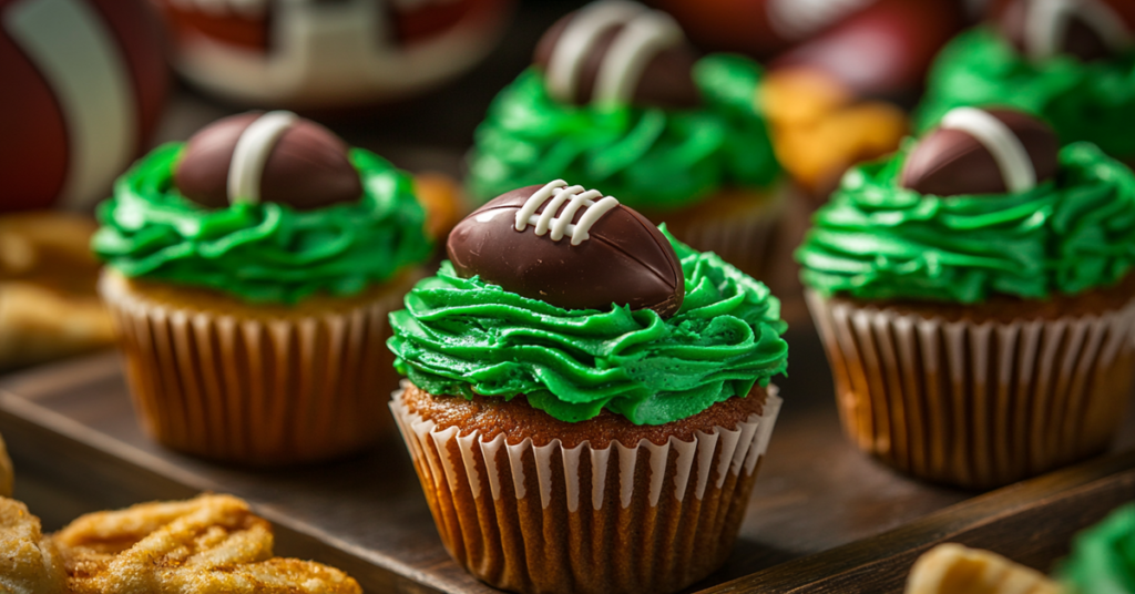 A festive Super Bowl dessert table featuring football-themed cupcakes, brownies, and pretzels, decorated with game-day elements.
