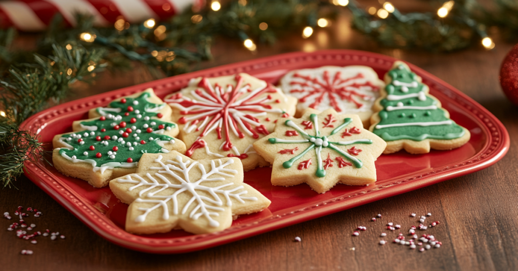 Christmas-themed sugar cookies decorated with colorful icing, shaped like snowflakes, trees, and candy canes.