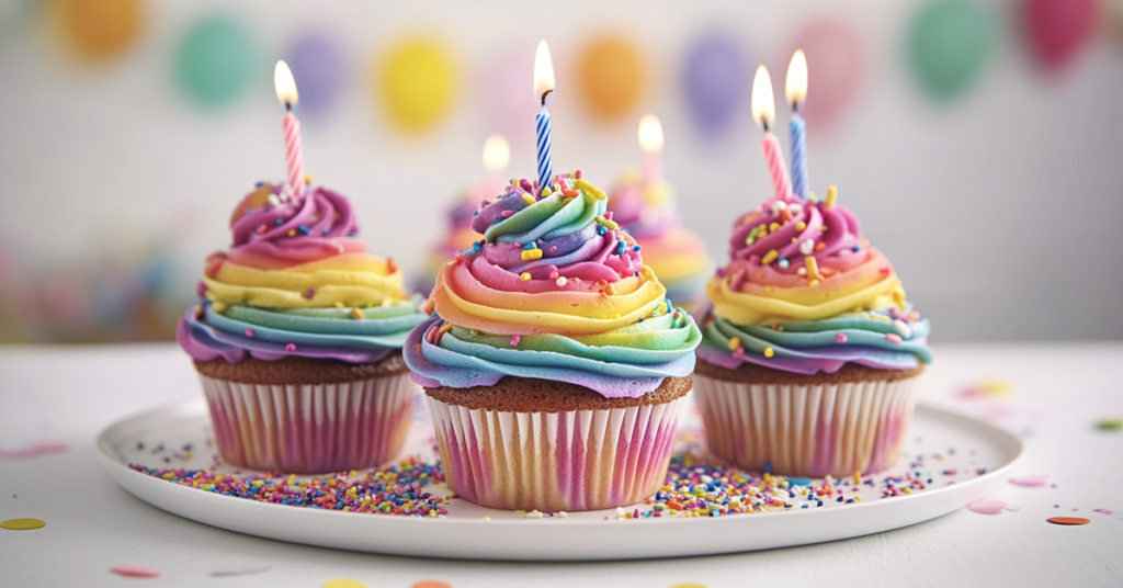 A colorful birthday dessert table with a cake, cupcakes, and cake pops, decorated with balloons and fairy lights.