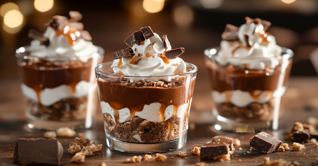 No-bake chocolate dessert cups with layers of mousse, crumbled cookies, and whipped cream, topped with chocolate shavings.