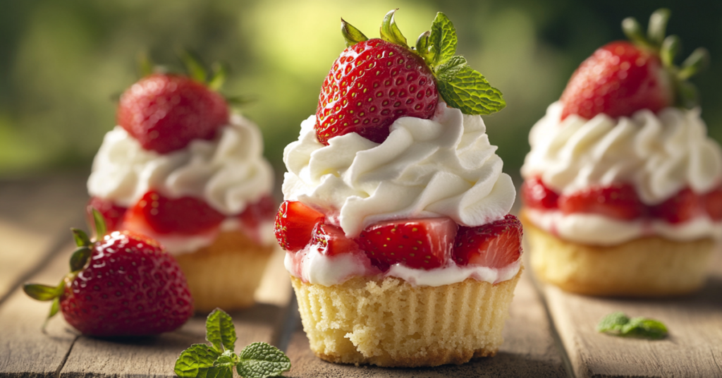 Mini strawberry shortcake dessert cups with layers of crumbled cake, fresh strawberries, and whipped cream.