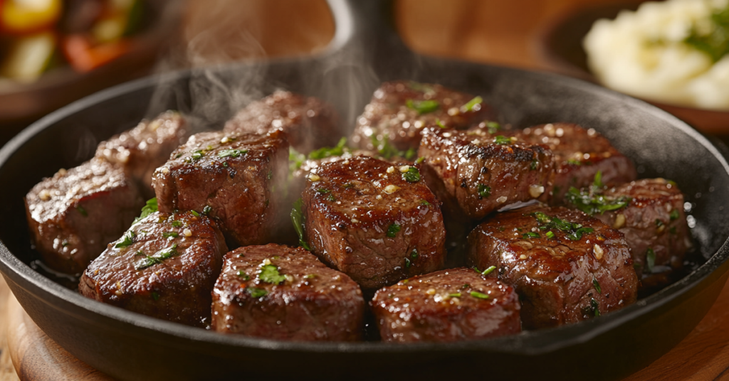 A sizzling skillet filled with juicy garlic steak bites, seared to perfection and coated in garlic butter sauce with fresh parsley.
