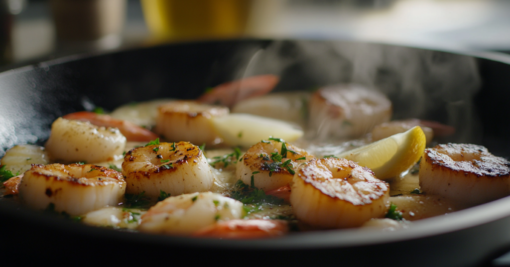 Shrimp and scallops sizzling together in a cast-iron skillet with garlic butter sauce, fresh herbs, and lemon.