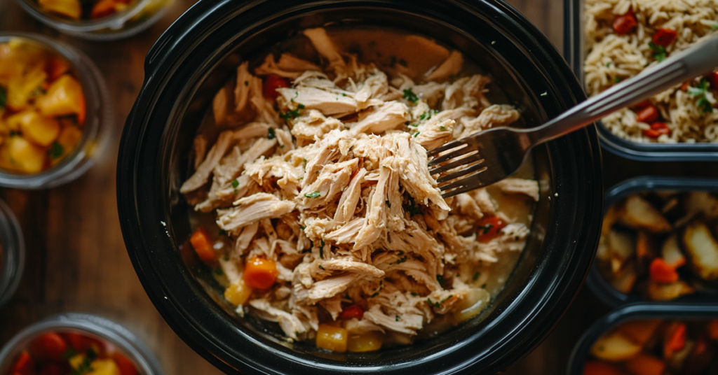 Slow cooker shredded chicken cooked in a garlic herb sauce, portioned for meal prep with brown rice and vegetables.