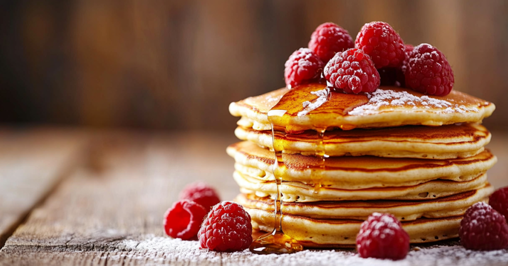 Fluffy ricotta pancakes drizzled with honey, topped with fresh raspberries and a dusting of powdered sugar.