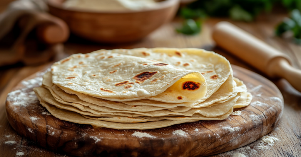 A stack of soft and fluffy homemade vegan tortillas with a light char, placed on a rustic wooden plate.