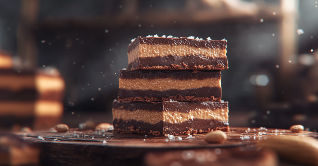 A stack of no-bake chocolate peanut butter bars with a creamy peanut layer and glossy chocolate topping.