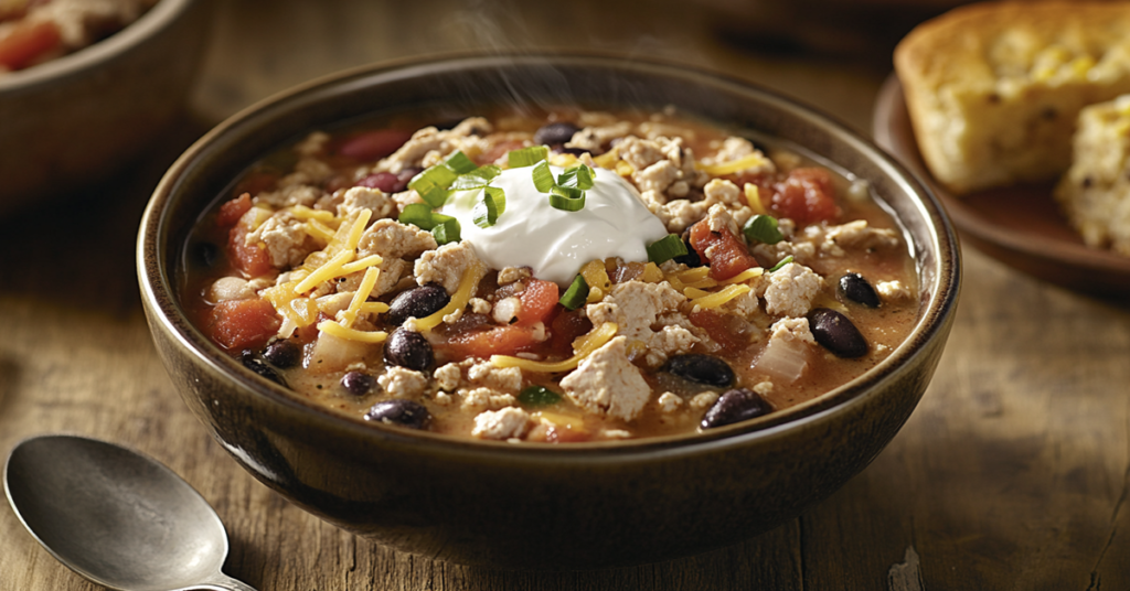 A bowl of slow cooker turkey chili with beans, garnished with shredded cheese and green onions, served with cornbread.
