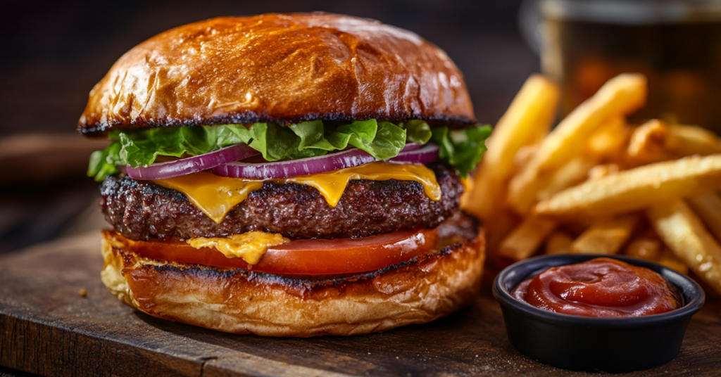 A juicy bison burger with cheddar cheese, lettuce, tomato, and red onion on a toasted brioche bun, served with crispy fries.