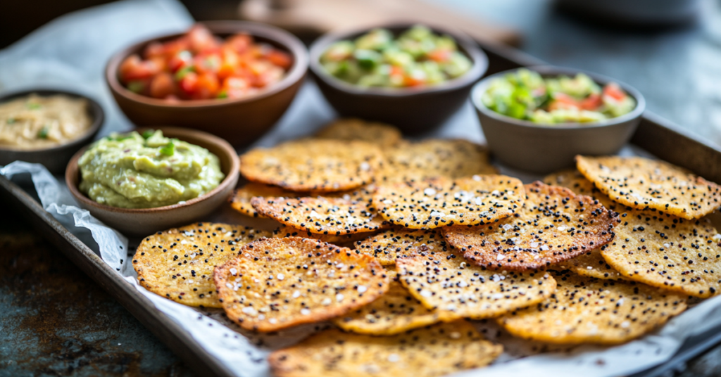 A tray of baked quinoa chips with sea salt, black pepper, and paprika, served with guacamole and hummus.