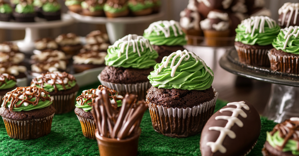 Super Bowl cupcakes with green turf frosting, topped with chocolate footballs and fondant goalposts.