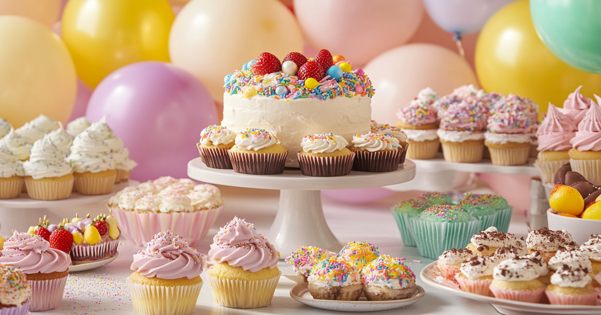 A colorful birthday dessert table with cupcakes, chocolate-dipped strawberries, cheesecakes, and a sprinkle-covered cake, decorated with balloons and lights.