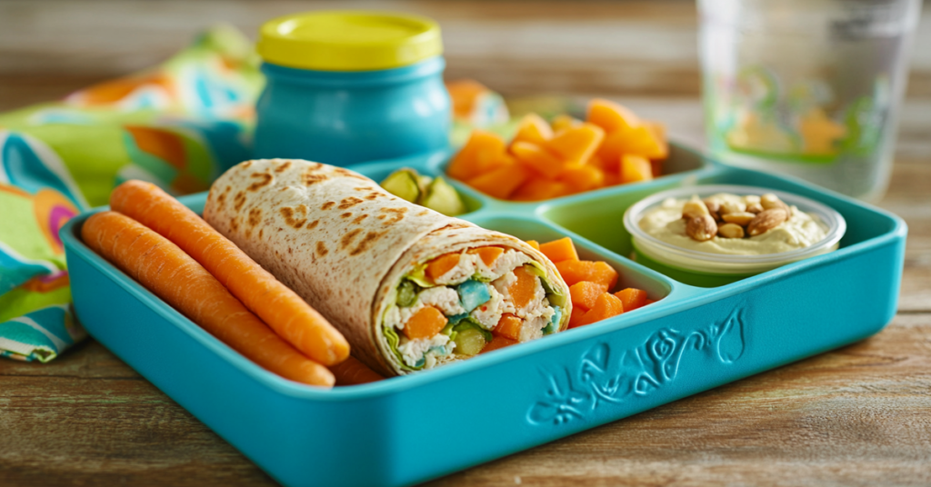 Close-up of a protein-packed bento box with grilled chicken, eggs, avocado, cherry tomatoes, and whole grain crackers.