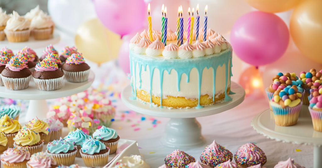 Birthday cupcakes with rainbow swirled frosting, topped with sprinkles and mini candles, arranged on a party table.
