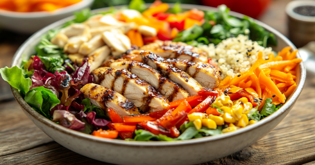 A colorful gluten and dairy-free Buddha bowl with greens, grilled chicken, roasted bell peppers, and balsamic vinaigrette.