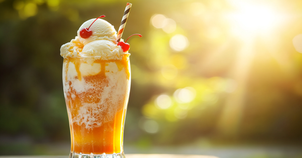 A refreshing ice cream float with vanilla ice cream and bubbly orange soda, topped with a cherry.
