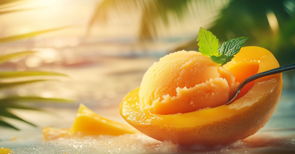 Close-up of a no-bake mango cheesecake with a golden crust, creamy filling, and glossy mango glaze.