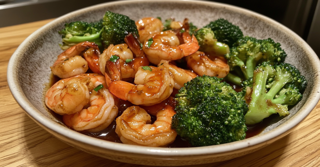 A bowl of budget-friendly shrimp and broccoli stir-fry with garlic soy sauce, served on a rustic wooden table.