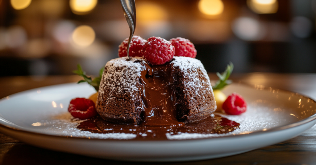 A warm chocolate lava cake with a gooey melted center, dusted with powdered sugar and garnished with fresh raspberries.