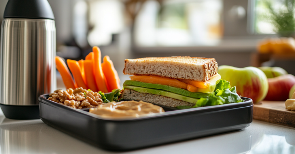 A balanced teen lunchbox with a turkey and avocado sandwich, fresh fruit, carrots with hummus, and mixed nuts.