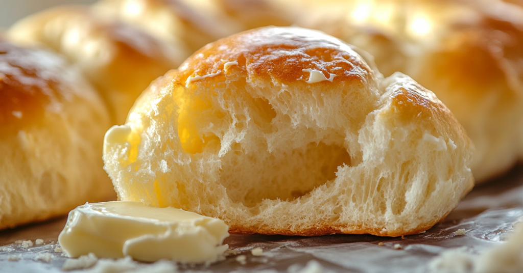 Close-up of a soft, fluffy Rhodes dinner roll torn in half, with a pat of butter melting into its warm interior.