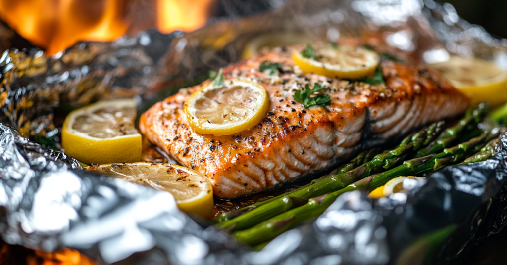 Close-up of a foil-wrapped camping meal with garlic butter salmon, roasted asparagus, and fresh lemon slices, steaming hot.