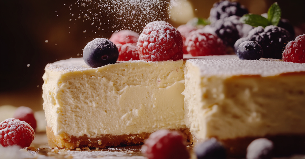 Close-up of an Italian ricotta cheesecake with a smooth, golden top, dusted with powdered sugar and garnished with fresh berries.