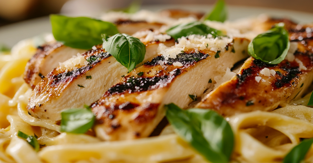 Close-up of creamy garlic chicken fettuccine pasta, topped with parmesan and fresh basil, served in an elegant dining setting.