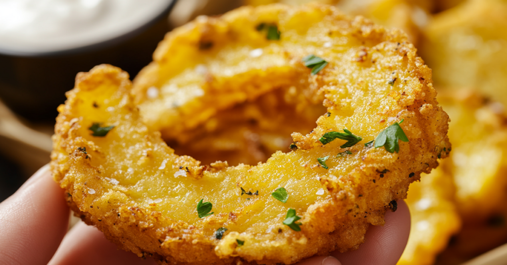 Close-up of a crispy Southern fried squash slice, highlighting its golden-brown cornmeal coating and tender interior.