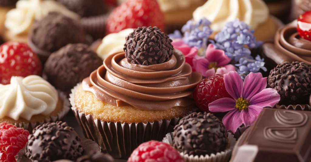 Close-up of a dessert platter with cupcakes, fruit tarts, and chocolate truffles, highlighting their rich textures and elegant decorations.