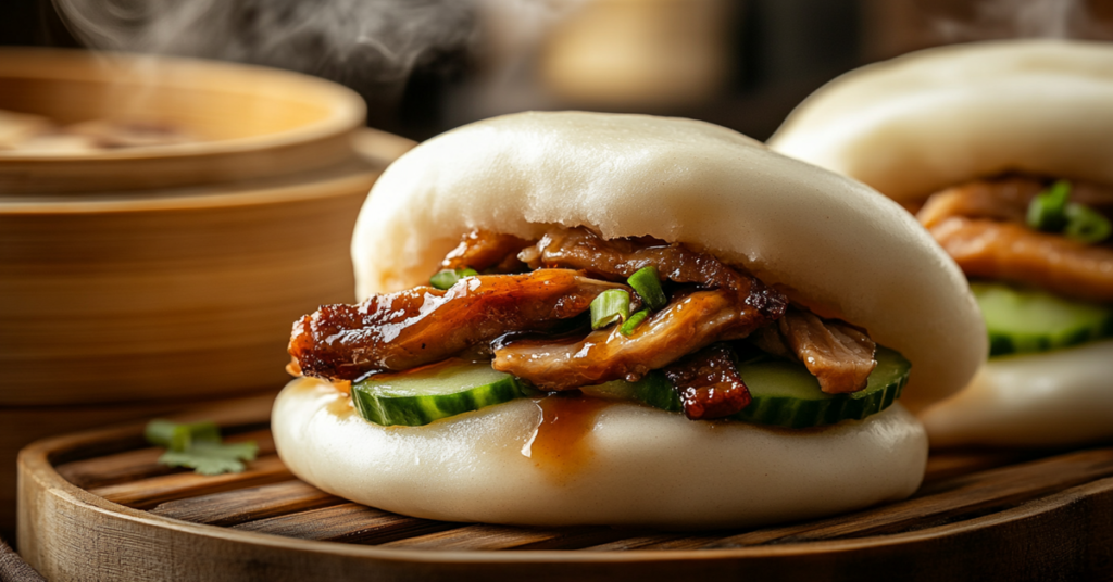Close-up of a fluffy bao bun filled with braised pork, crisp cucumbers, and hoisin sauce, with steam rising in the background.