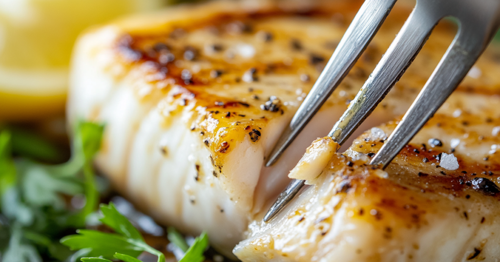 Close-up of a juicy, flaky swordfish steak being cut with a fork, glistening with garlic butter.