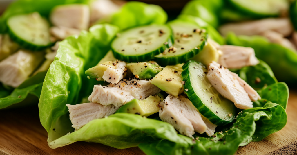 Close-up of a gluten and dairy-free turkey and avocado lettuce wrap with cucumber and mustard drizzle.