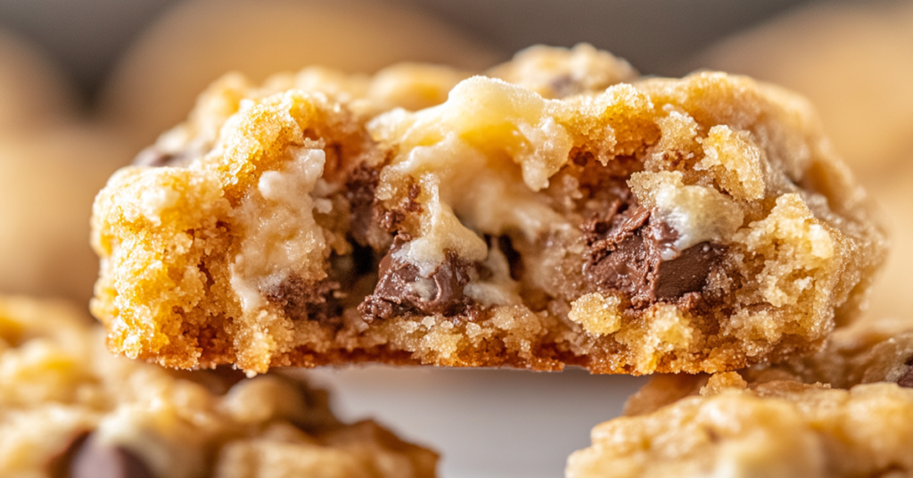 Close-up of a gooey air fryer chocolate chip cookie, broken in half to reveal melted chocolate.